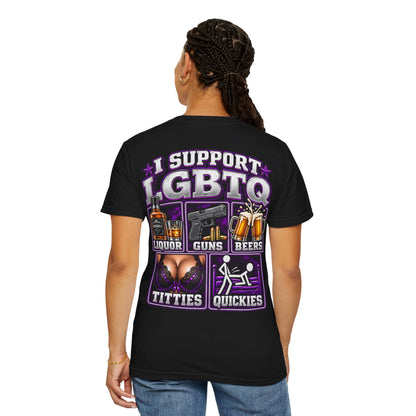 Support LGBTQ Liquor Guns Beers T-Shirt — Graphic Back Print