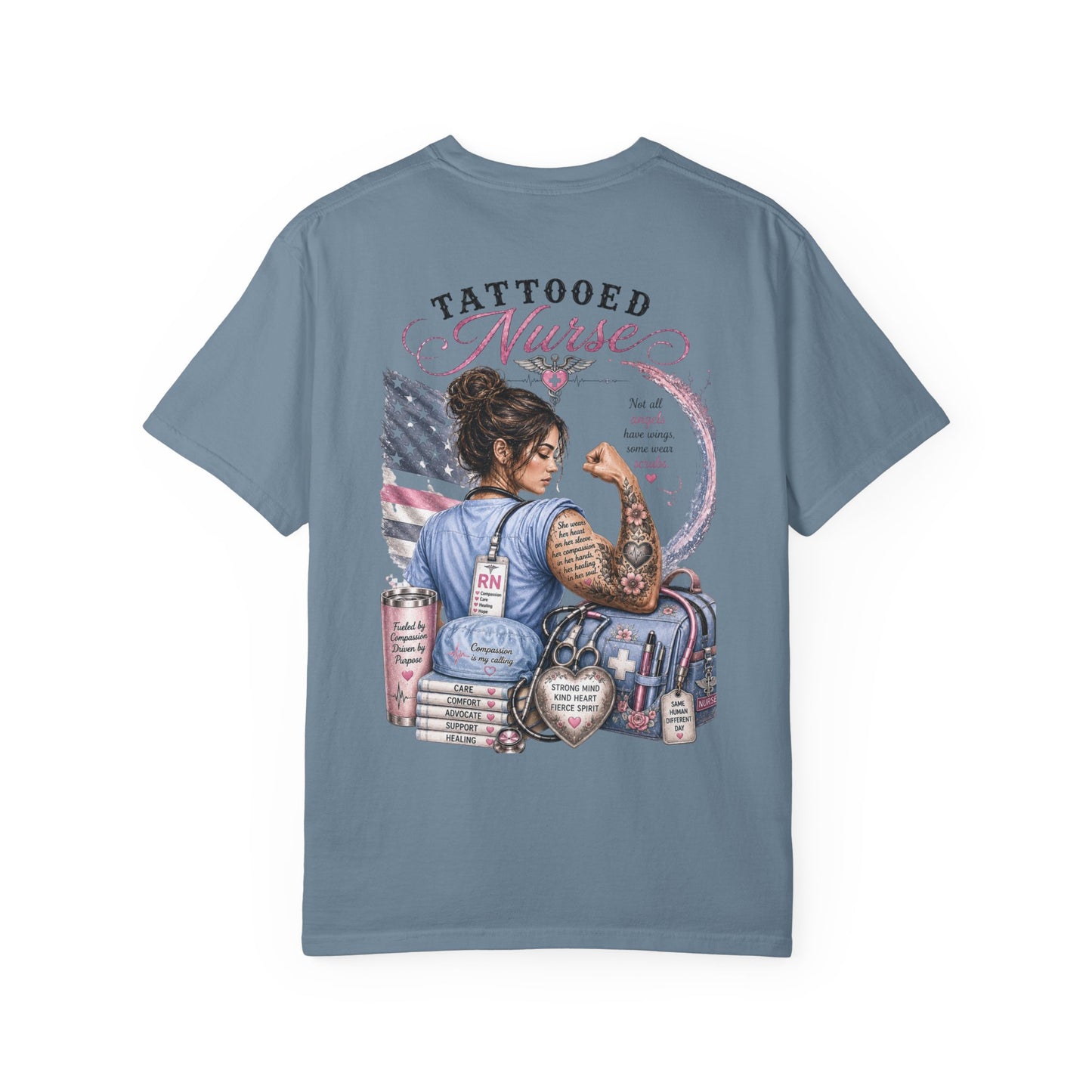 Tattooed Nurse T-Shirt — "She Wears Her Heart on Her Sleeve" RN Back Design