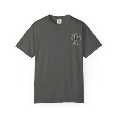 Firefighter Red & Black Thin Line Tee — Distressed American Flag Back Design