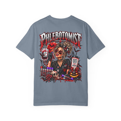 Phlebotomist Horror Blood Drip graphic T-shirt | Medical Tech Tee