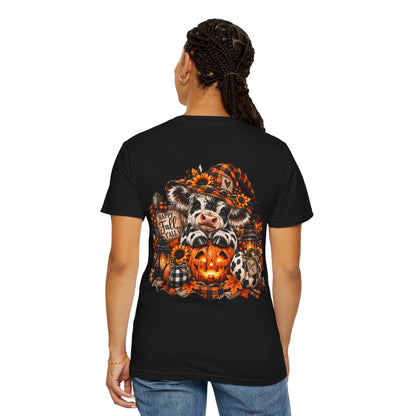 Cow Pumpkin Halloween Sweatshirt | Cow with Jack-O'-Lantern and Sunflowers