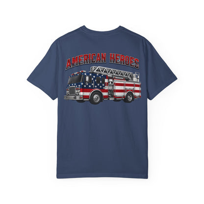 Firefighter T-Shirt — "American Heroes" Flag Fire Truck Graphic