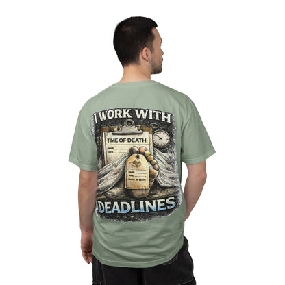 I Work With Deadlines dark humor Medical Examiner T-shirt | Paramedic First Responder