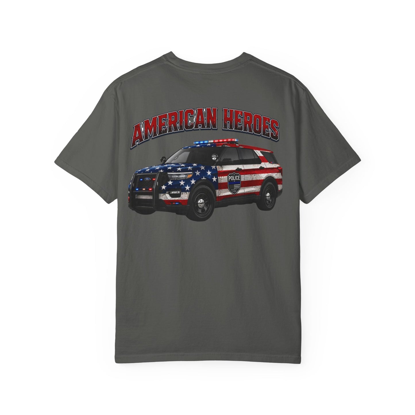American Heroes Police SUV Tee — "AMERICAN HEROES" Patriotic Flag Graphic T-Shirt