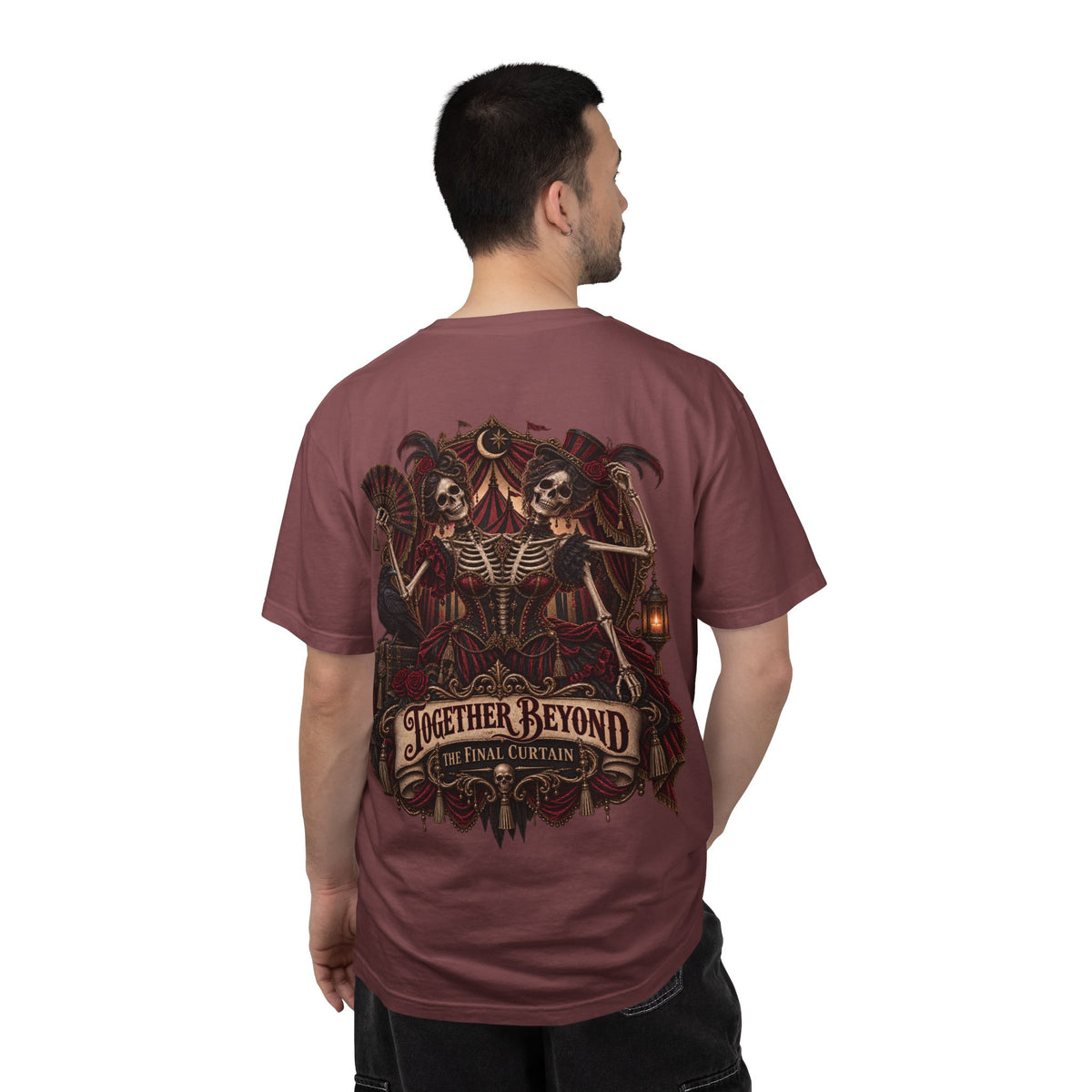 Together Beyond the Final Curtain | Gothic Sideshow Skeleton Halloween Shirt
