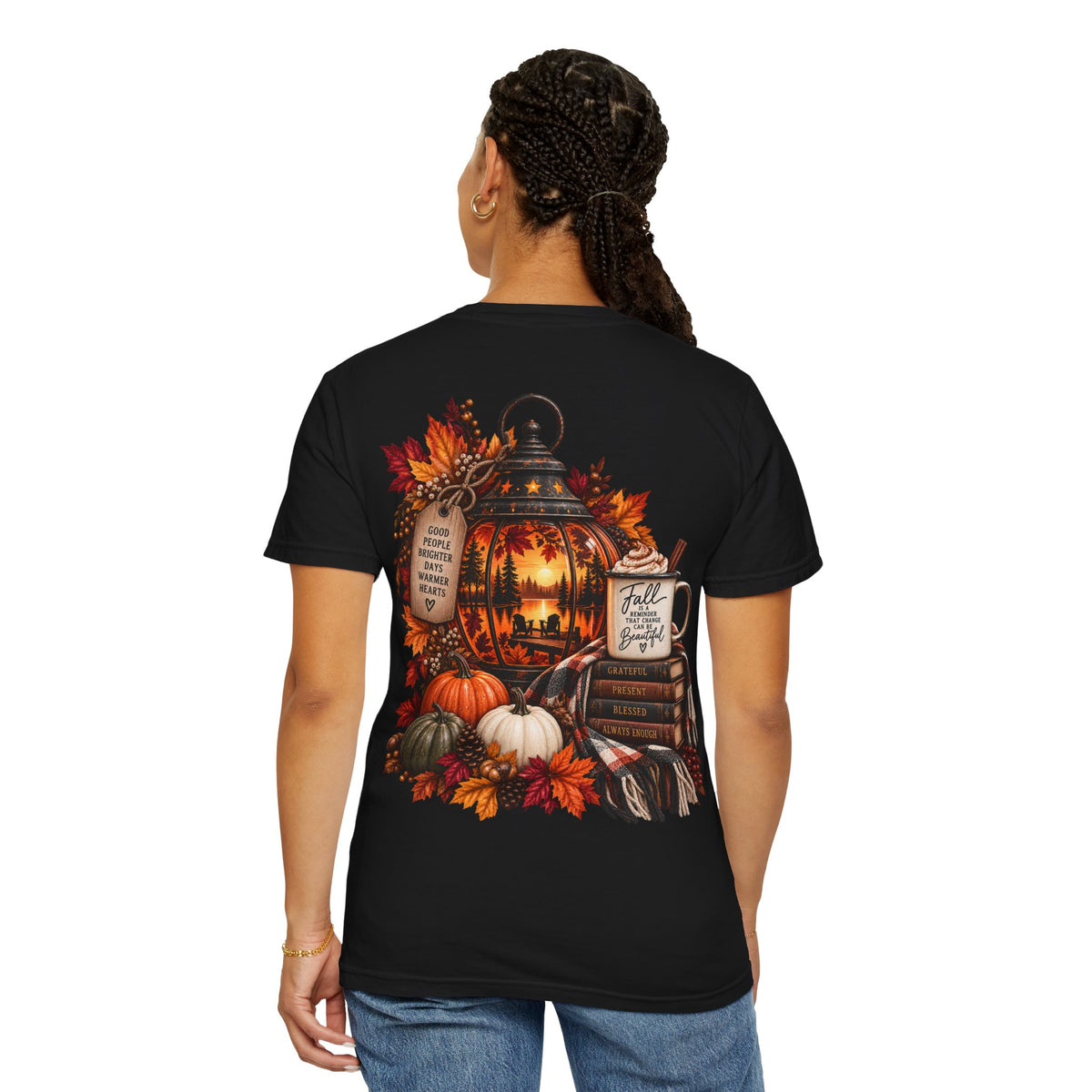 Autumn Lantern Pumpkin Stack T-Shirt | Fall Leaves Cozy Harvest Design