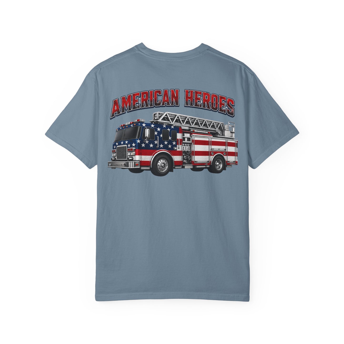 Firefighter T-Shirt — "American Heroes" Flag Fire Truck Graphic