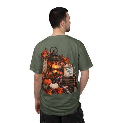 Autumn Lantern Pumpkin Stack T-Shirt | Fall Leaves Cozy Harvest Design