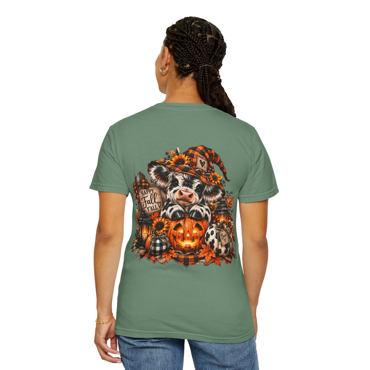 Cow Pumpkin Halloween Sweatshirt | Cow with Jack-O'-Lantern and Sunflowers