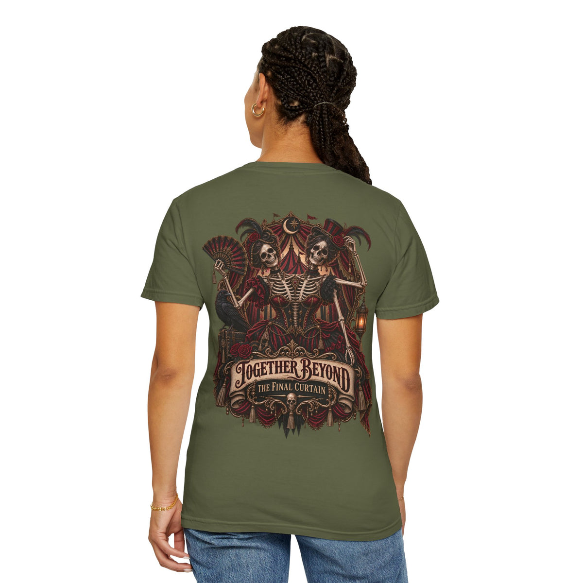 Together Beyond the Final Curtain | Gothic Sideshow Skeleton Halloween Shirt