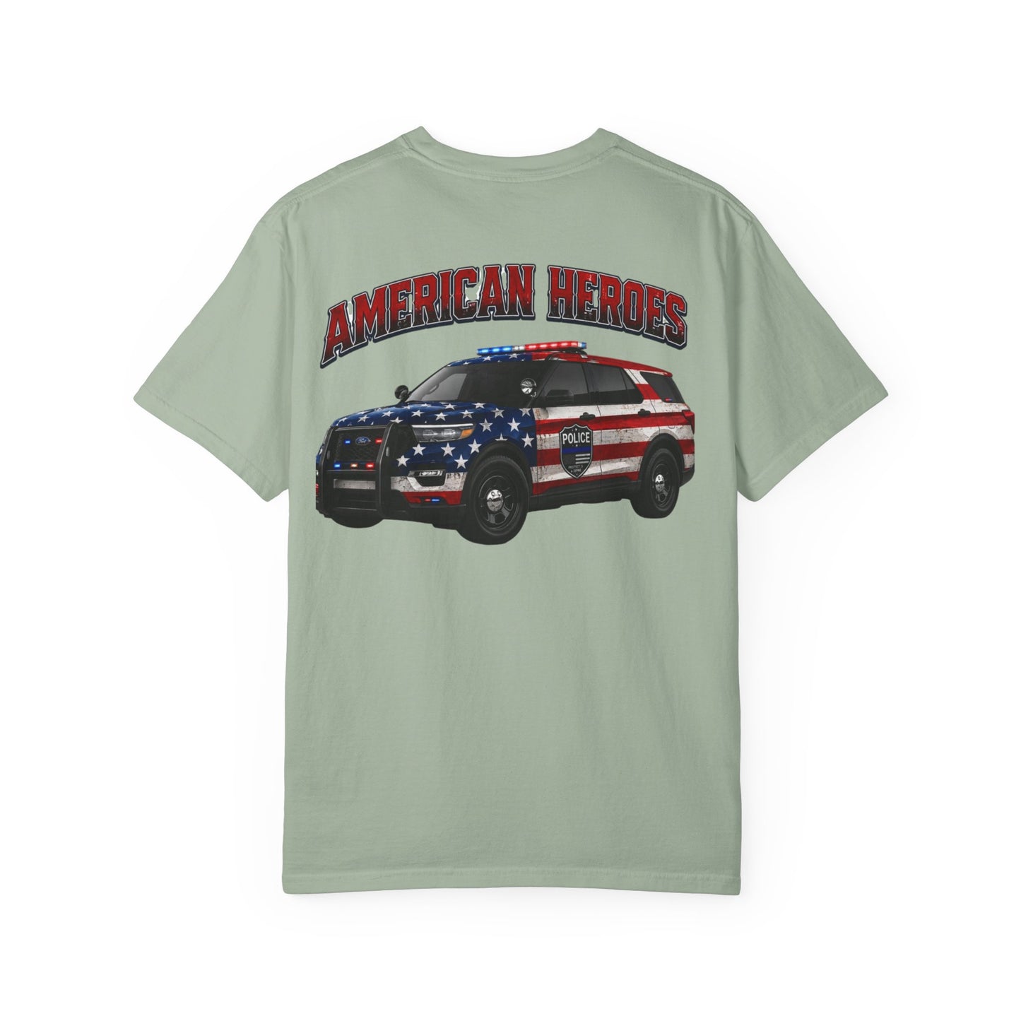 American Heroes Police SUV Tee — "AMERICAN HEROES" Patriotic Flag Graphic T-Shirt