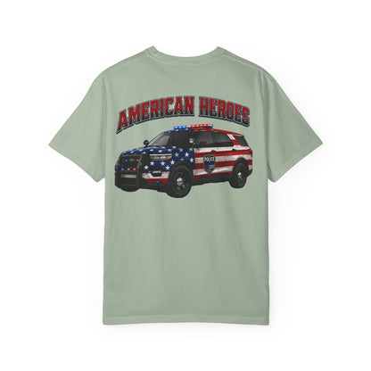 American Heroes Police SUV Tee — "AMERICAN HEROES" Patriotic Flag Graphic T-Shirt