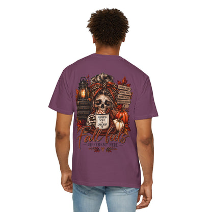 Fall Feels Different Here Pumpkin Spice Sarcasm Skeleton Fall T-Shirt & Sweatshirt Dark Autumn Graphic