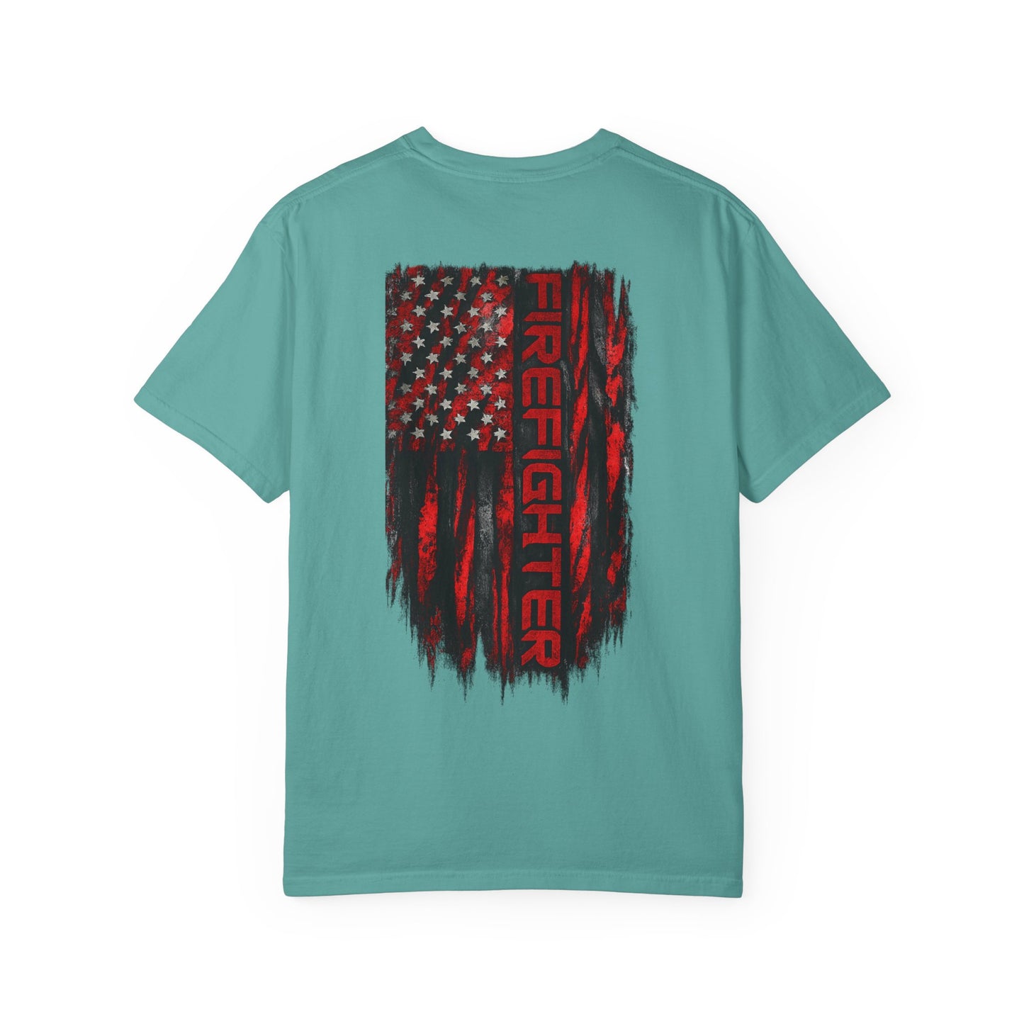 Firefighter Red & Black Thin Line Tee — Distressed American Flag Back Design
