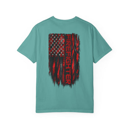 Firefighter Red & Black Thin Line Tee — Distressed American Flag Back Design