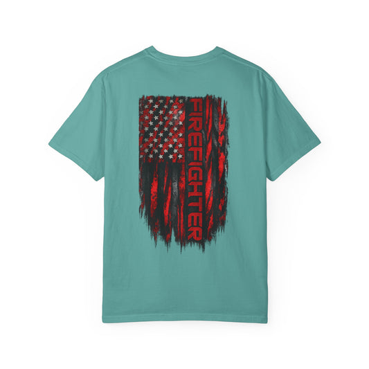 Firefighter Red & Black Thin Line Tee — Distressed American Flag Back Design