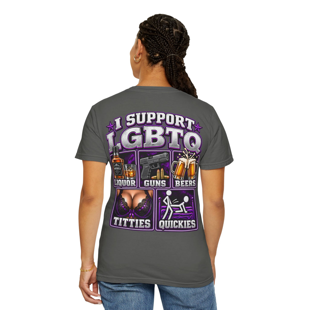 Support LGBTQ Liquor Guns Beers T-Shirt — Graphic Back Print