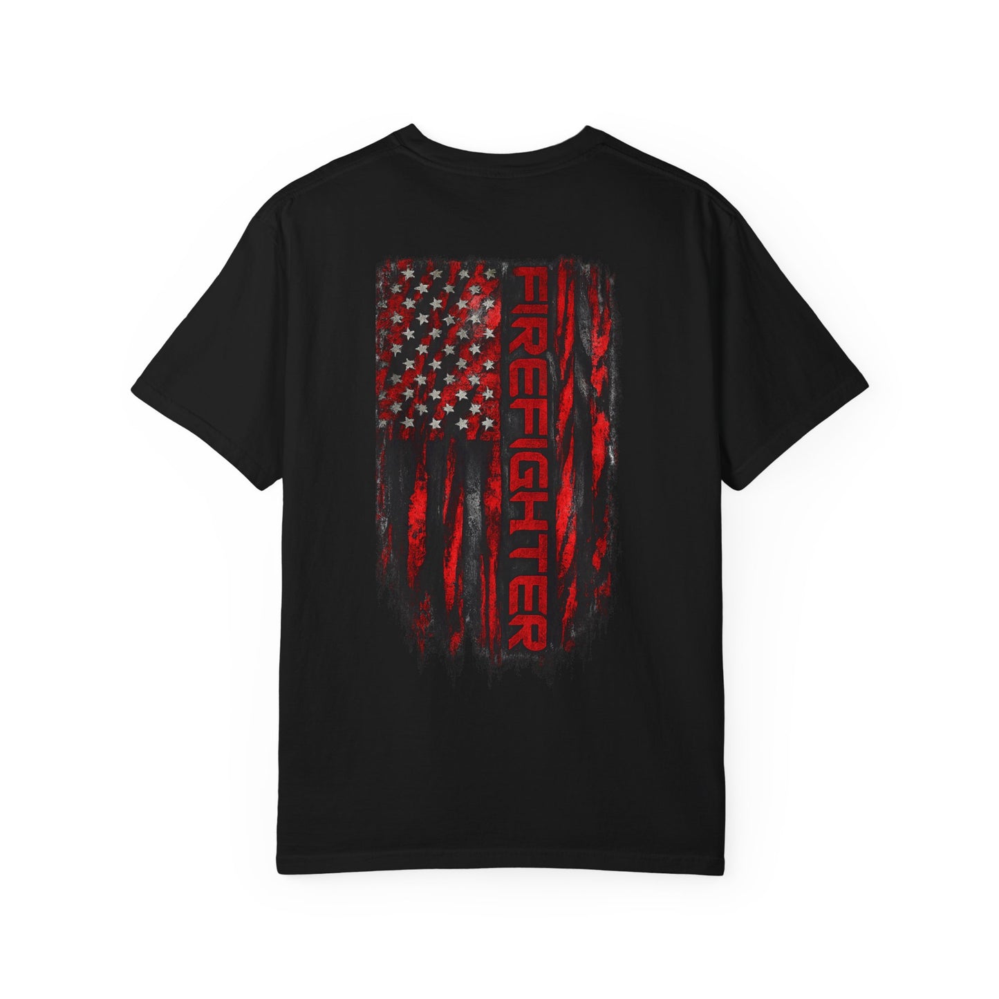 Firefighter Red & Black Thin Line Tee — Distressed American Flag Back Design