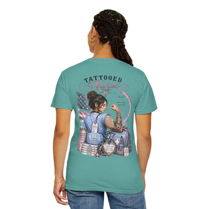 Tattooed Nurse T-Shirt — "She Wears Her Heart on Her Sleeve" RN Back Design