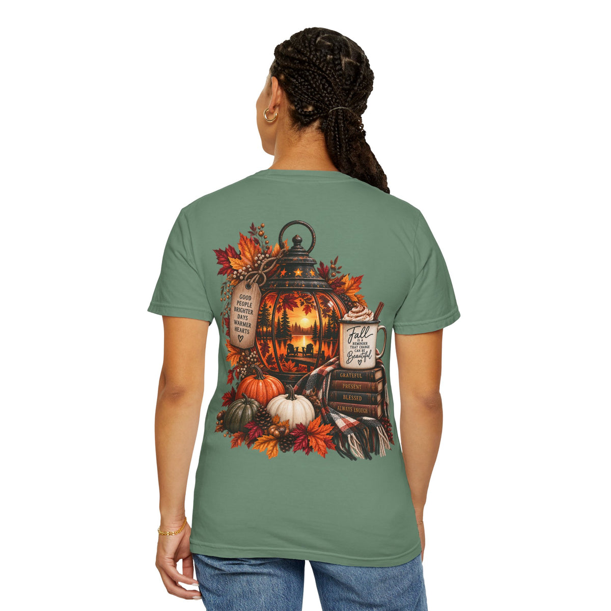 Autumn Lantern Pumpkin Stack T-Shirt | Fall Leaves Cozy Harvest Design