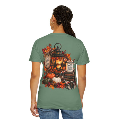 Autumn Lantern Pumpkin Stack T-Shirt | Fall Leaves Cozy Harvest Design