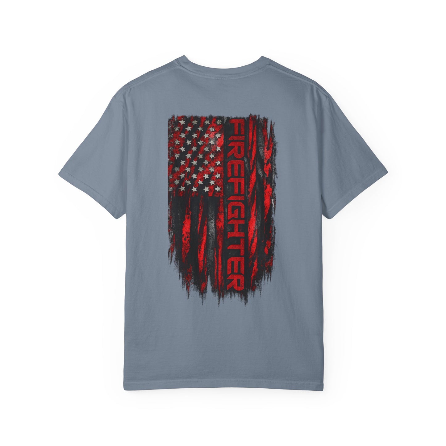 Firefighter Red & Black Thin Line Tee — Distressed American Flag Back Design