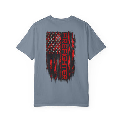 Firefighter Red & Black Thin Line Tee — Distressed American Flag Back Design
