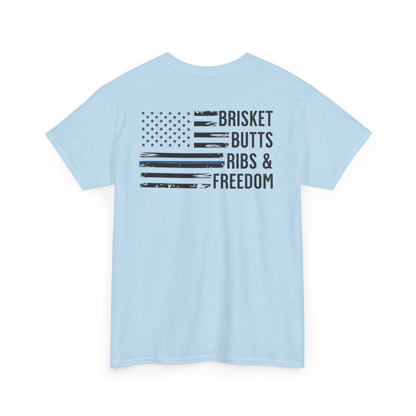 Thin Blue Line Patriotic BBQ Shirt Brisket Butts Ribs Smoker Tee | American Flag Grill