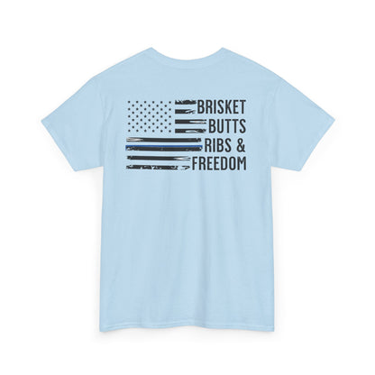 Thin Blue Line Patriotic BBQ Shirt Brisket Butts Ribs Smoker Tee | American Flag Grill