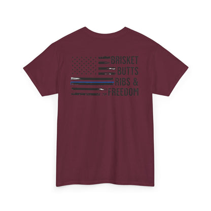Thin Blue Line Patriotic BBQ Shirt Brisket Butts Ribs Smoker Tee | American Flag Grill