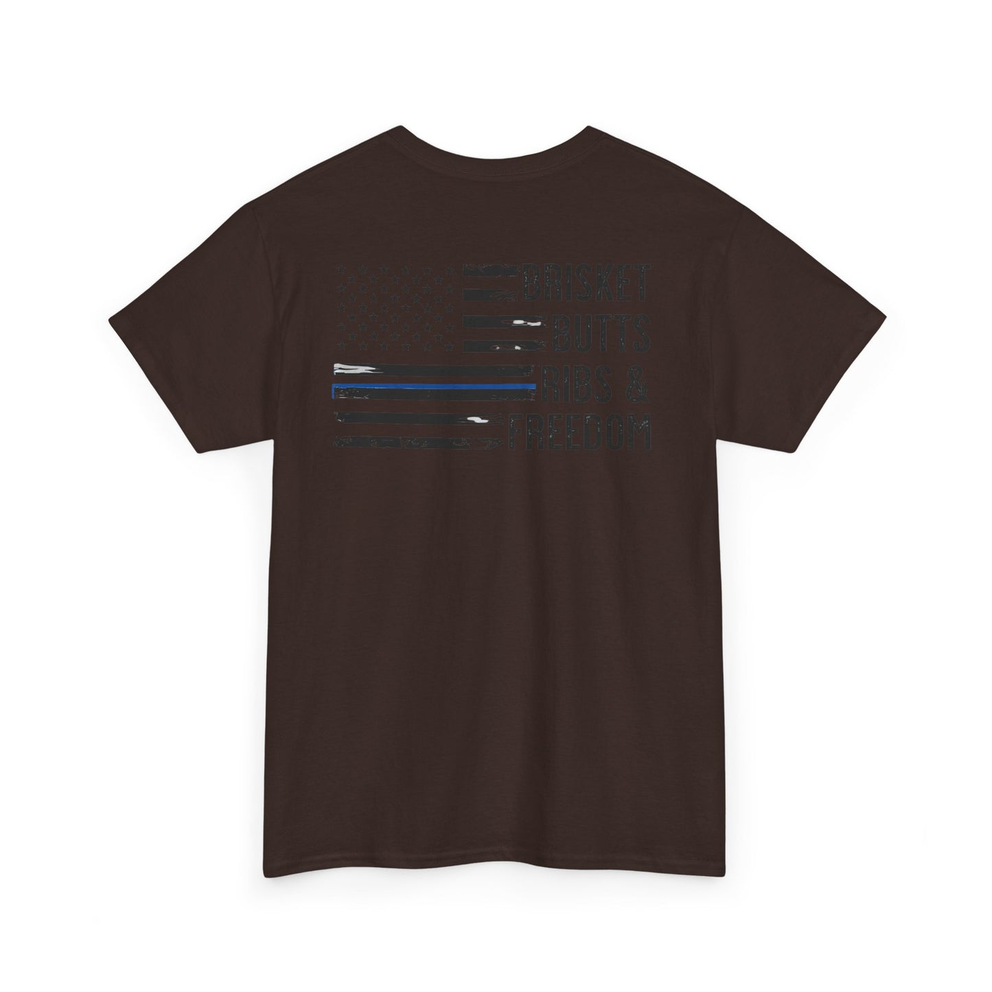 Thin Blue Line Patriotic BBQ Shirt Brisket Butts Ribs Smoker Tee | American Flag Grill