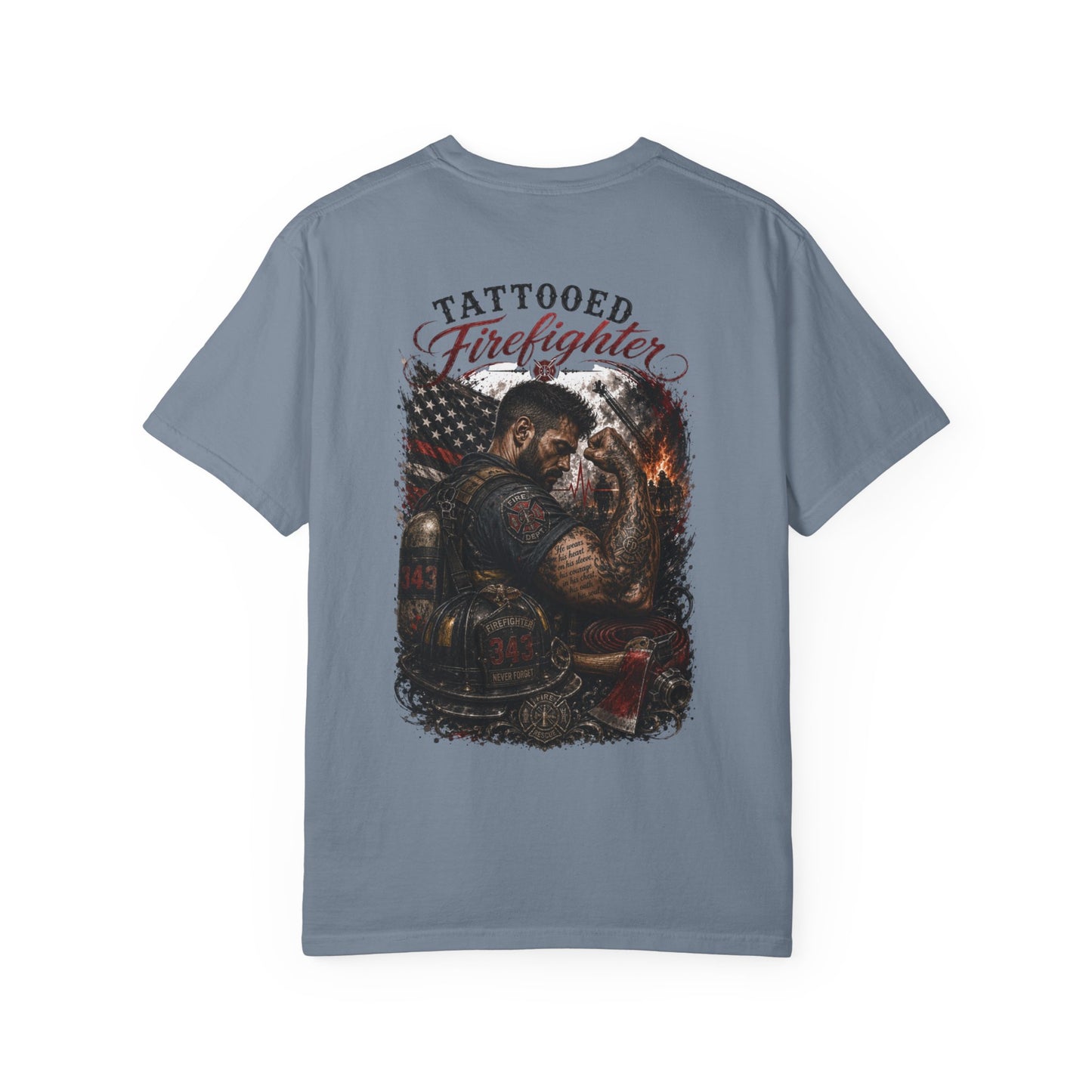 Firefighter Tribute T-Shirt — "343 Never Forget" Fire Rescue Back Design