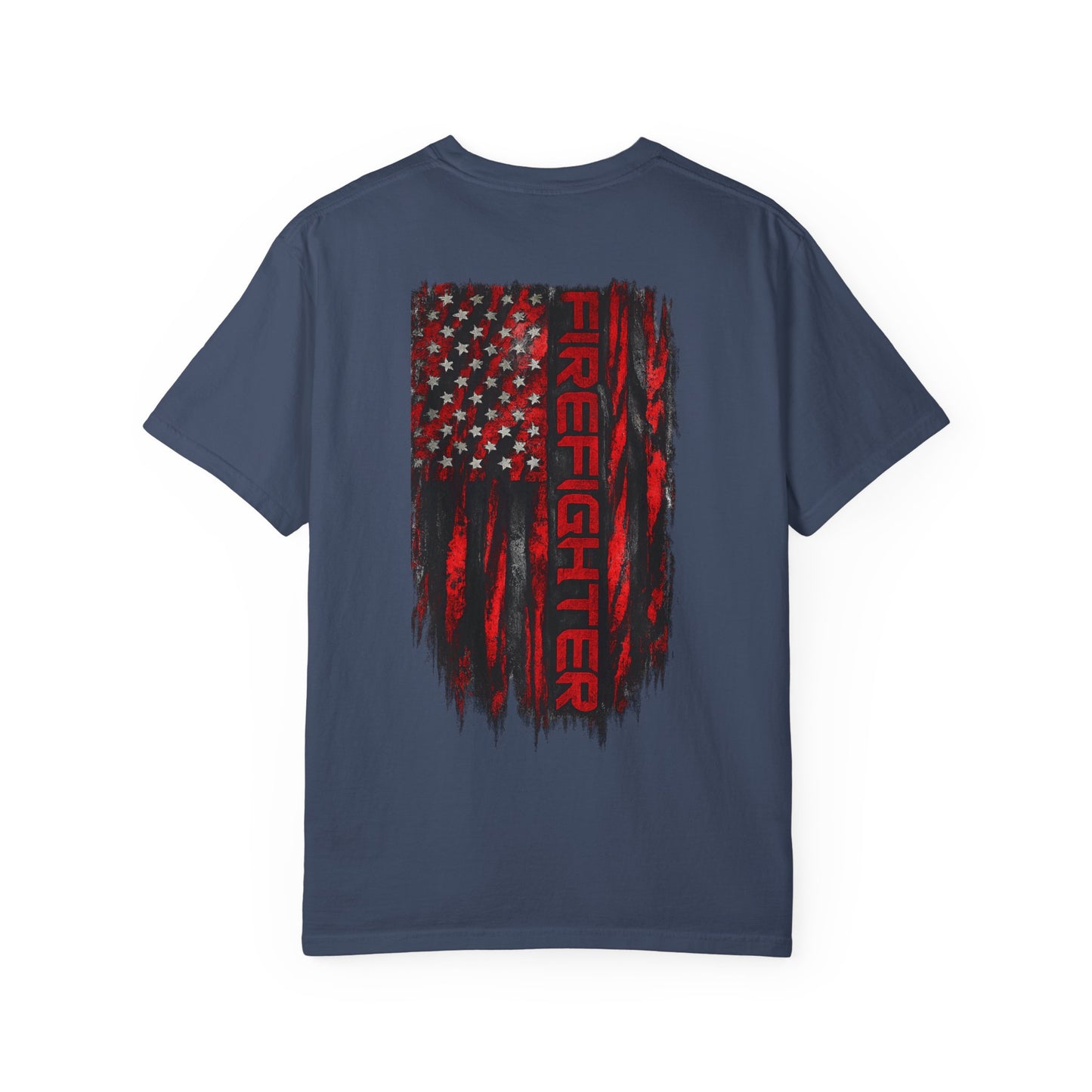 Firefighter Red & Black Thin Line Tee — Distressed American Flag Back Design