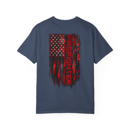 Firefighter Red & Black Thin Line Tee — Distressed American Flag Back Design