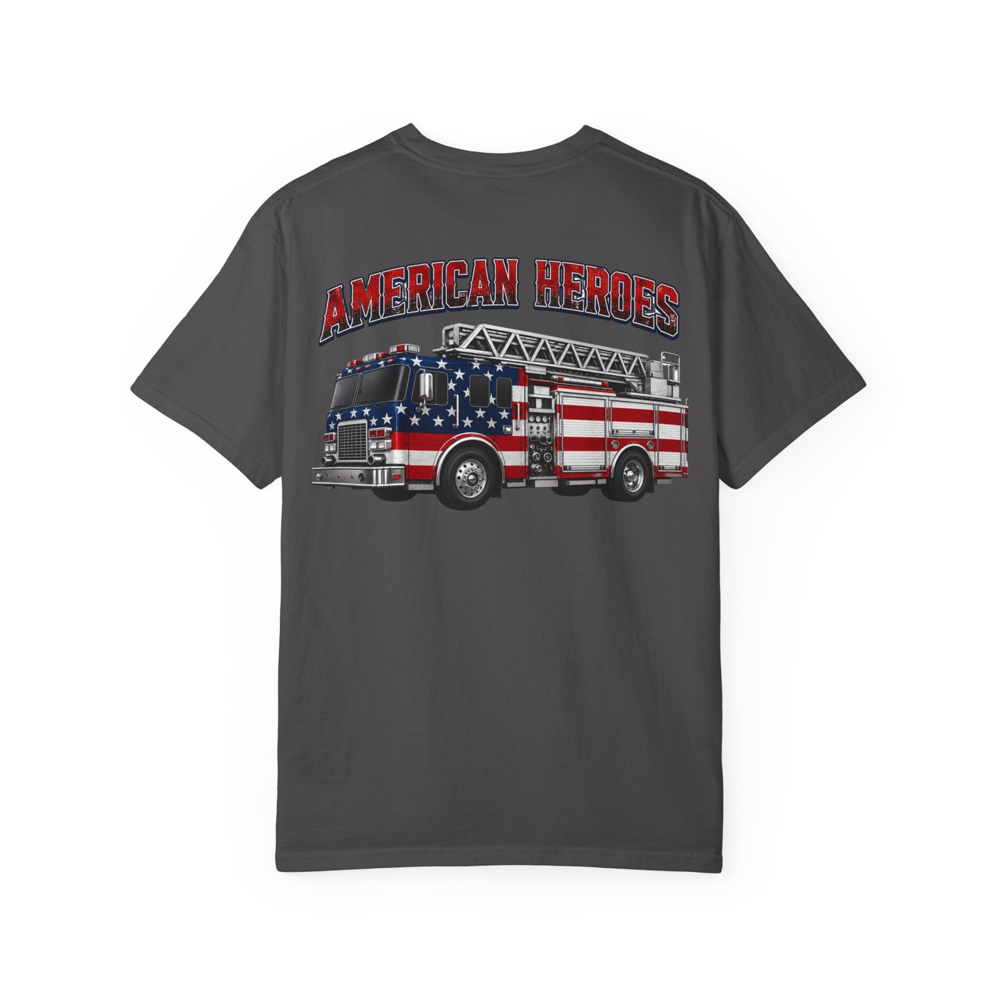 Firefighter T-Shirt — "American Heroes" Flag Fire Truck Graphic