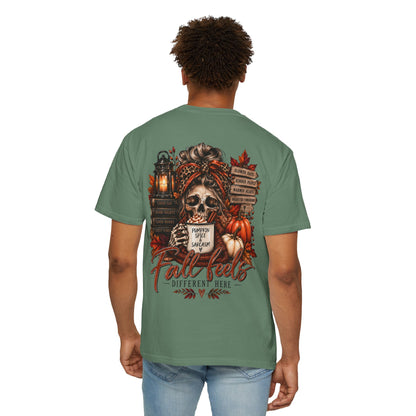 Fall Feels Different Here Pumpkin Spice Sarcasm Skeleton Fall T-Shirt & Sweatshirt Dark Autumn Graphic