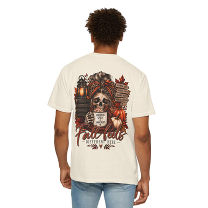Fall Feels Different Here Pumpkin Spice Sarcasm Skeleton Fall T-Shirt & Sweatshirt Dark Autumn Graphic