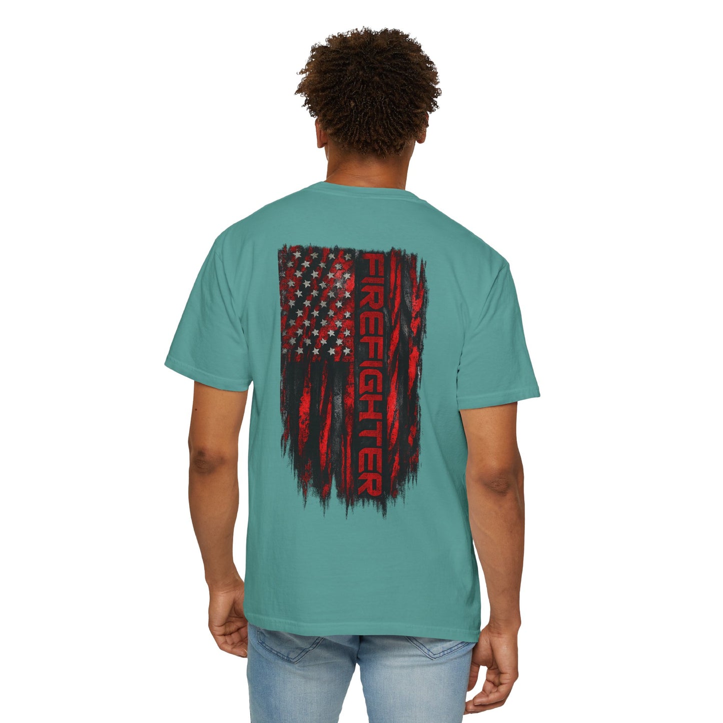 Firefighter Red & Black Thin Line Tee — Distressed American Flag Back Design