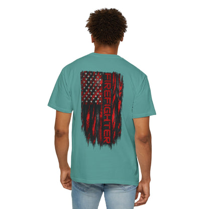 Firefighter Red & Black Thin Line Tee — Distressed American Flag Back Design