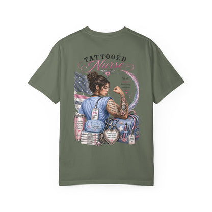 Tattooed Nurse T-Shirt — "She Wears Her Heart on Her Sleeve" RN Back Design
