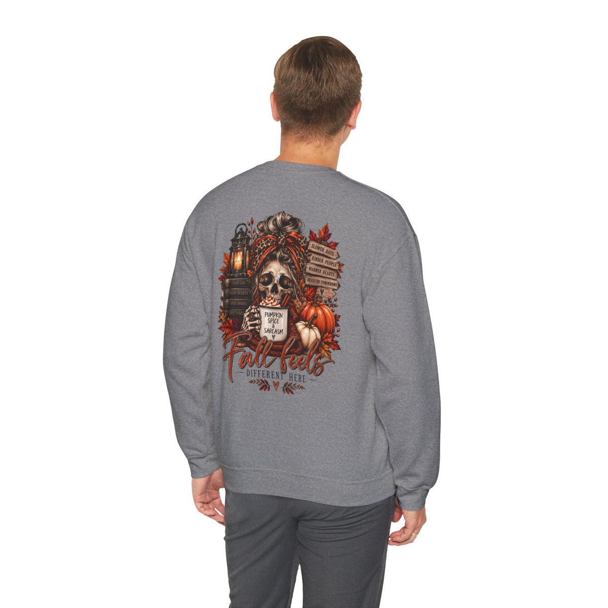 Fall Vibes Skull Coffee Mug Sweatshirt | Autumn Leaves Pumpkins Lantern
