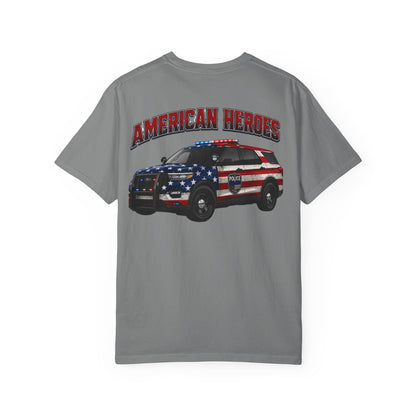 American Heroes Police SUV Tee — "AMERICAN HEROES" Patriotic Flag Graphic T-Shirt