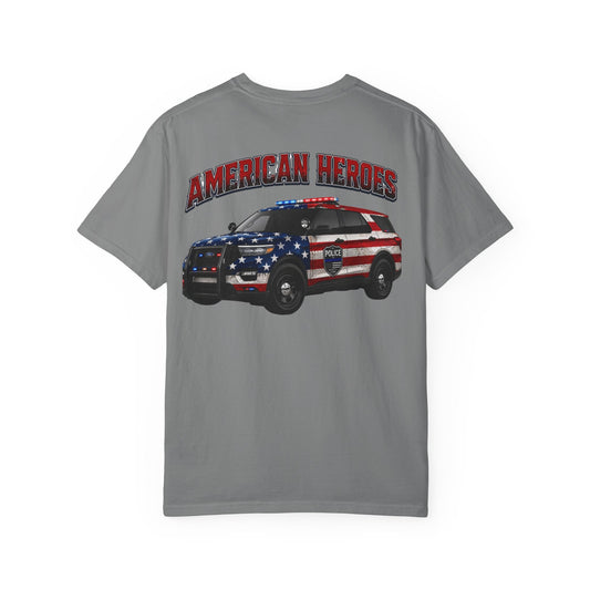 American Heroes Police SUV Tee — "AMERICAN HEROES" Patriotic Flag Graphic T-Shirt