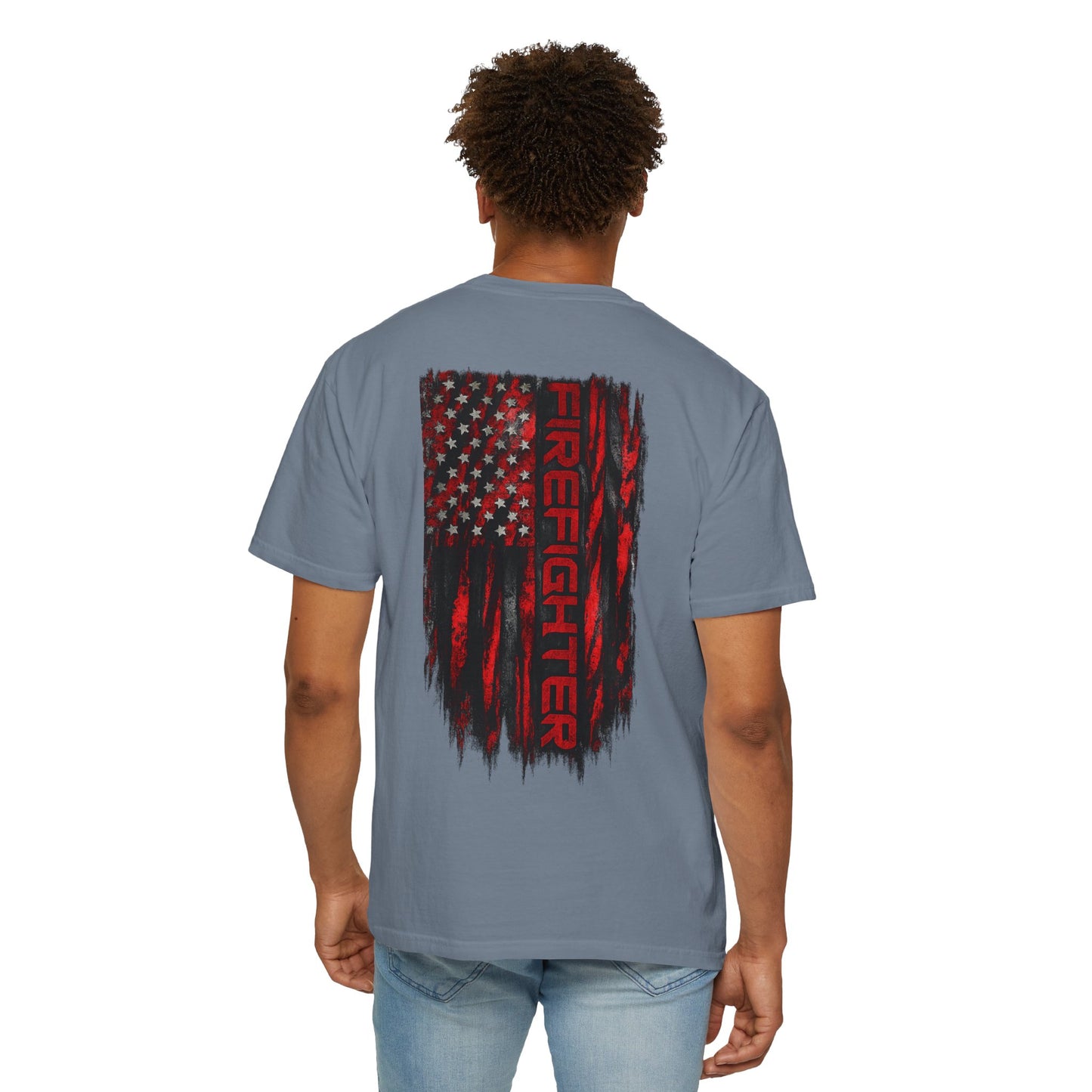 Firefighter Red & Black Thin Line Tee — Distressed American Flag Back Design