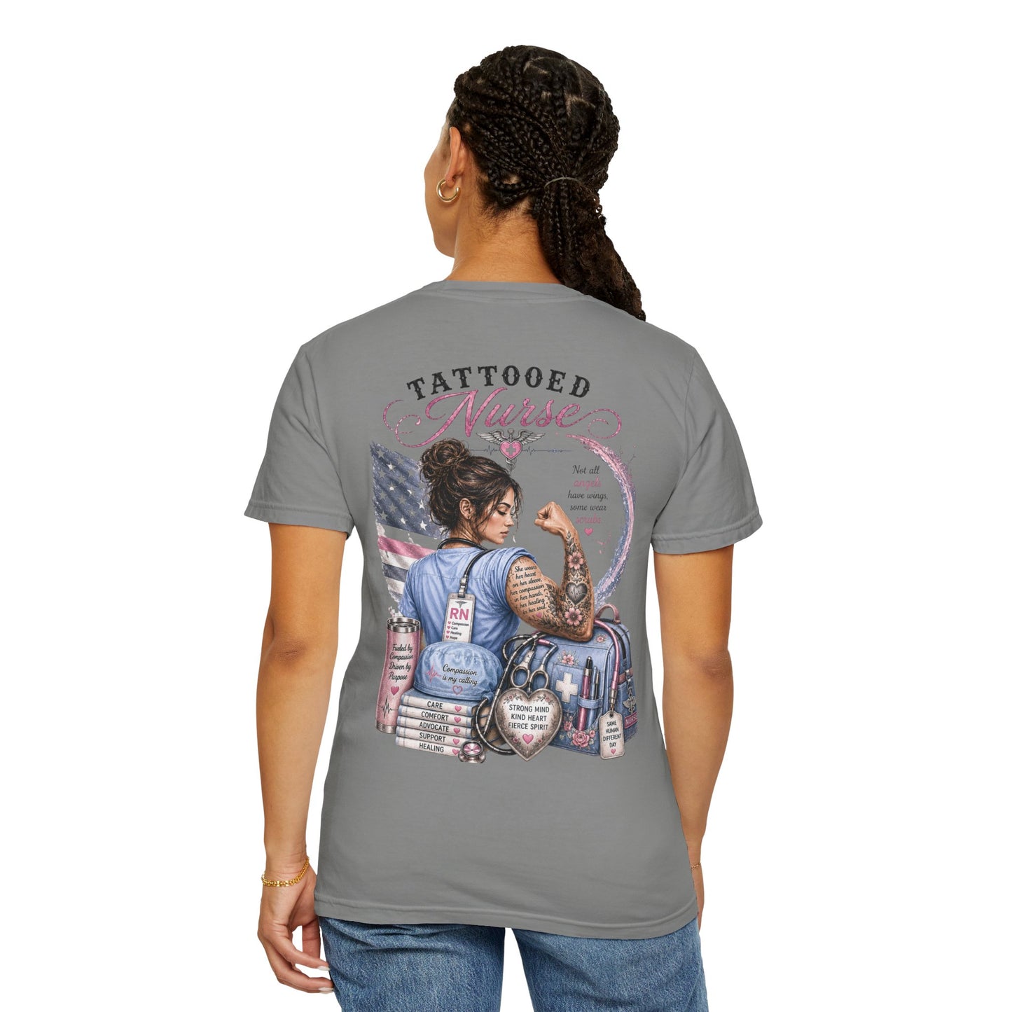 Tattooed Nurse T-Shirt — "She Wears Her Heart on Her Sleeve" RN Back Design