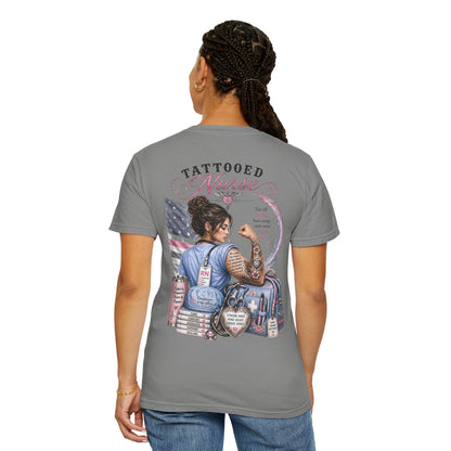 Tattooed Nurse T-Shirt — "She Wears Her Heart on Her Sleeve" RN Back Design
