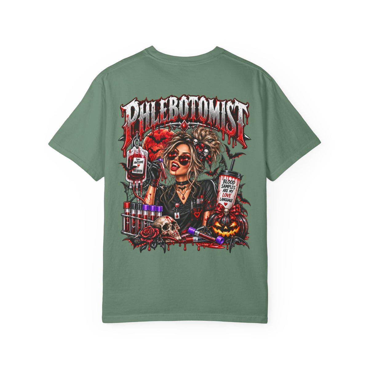 Phlebotomist Horror Blood Drip graphic T-shirt | Medical Tech Tee
