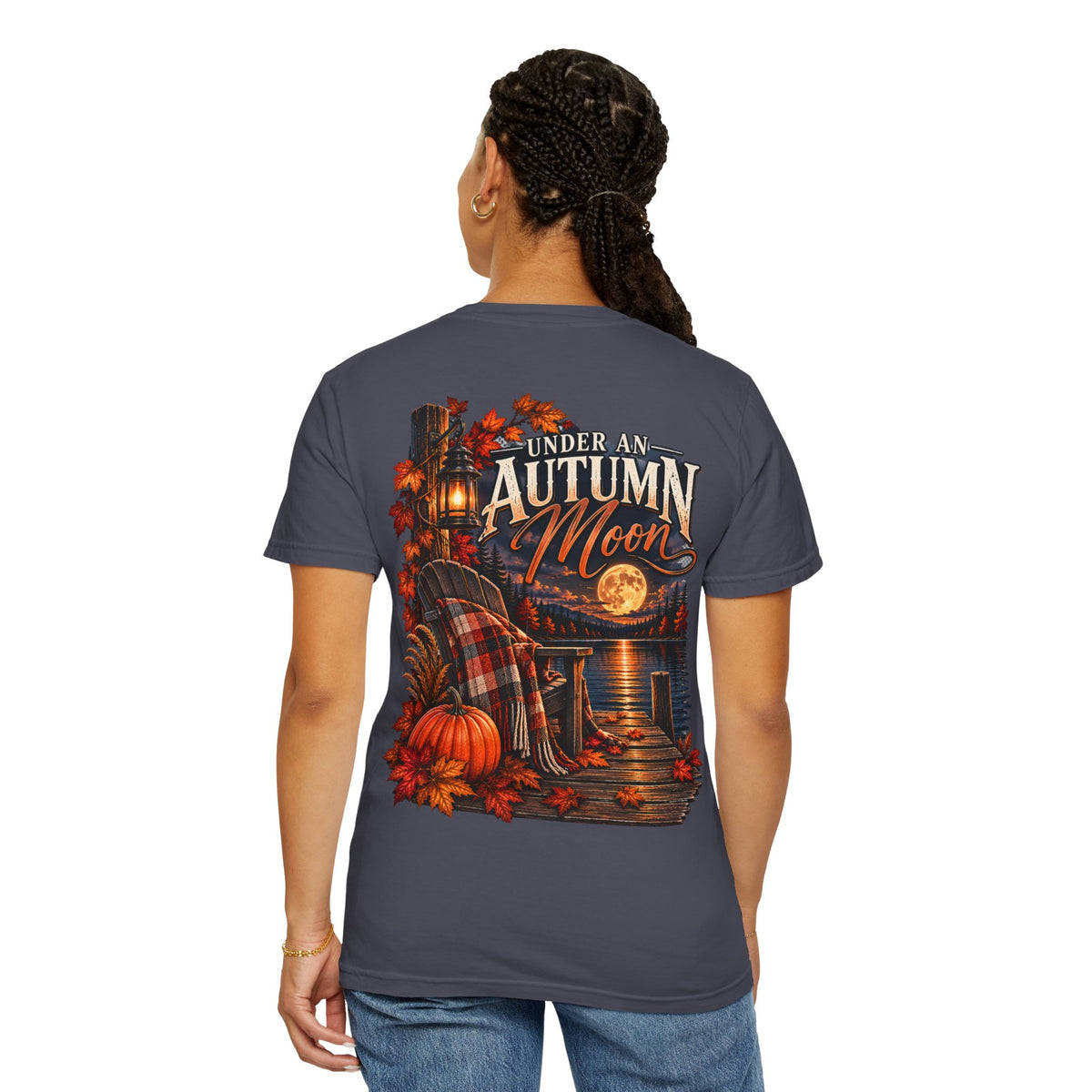 Under an Autumn Moon T-Shirt | Fall Lake Scene, Pumpkins & Plaid