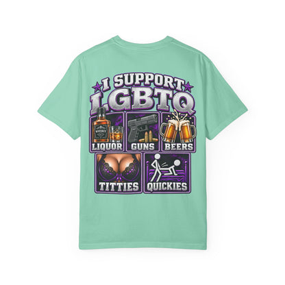 Support LGBTQ Liquor Guns Beers T-Shirt — Graphic Back Print