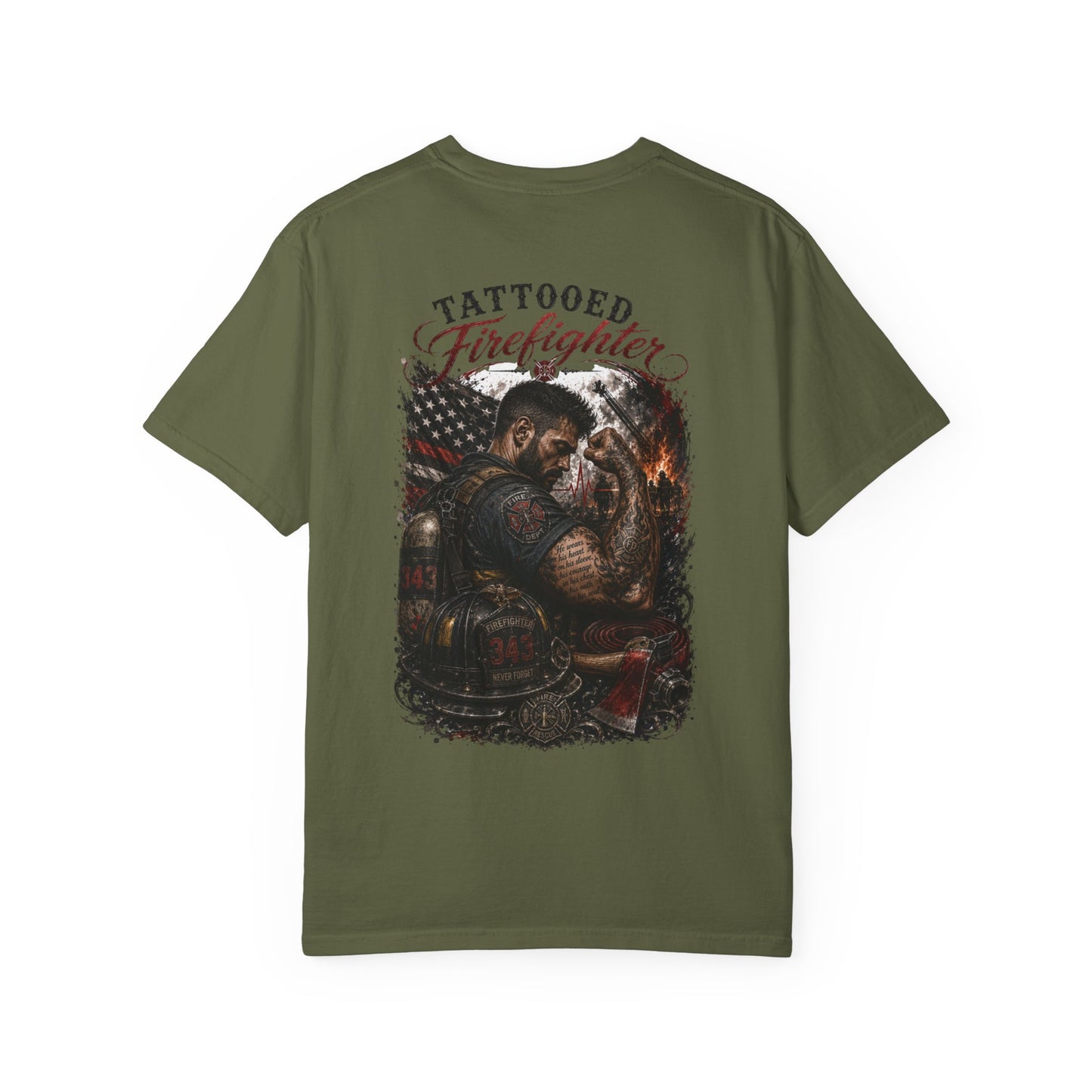 Firefighter Tribute T-Shirt — "343 Never Forget" Fire Rescue Back Design